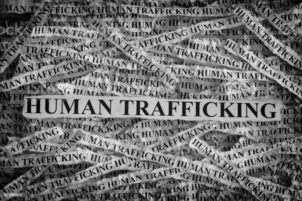 Human Trafficking. Torn pieces of paper with the words Human Trafficking. Concept Image. Black and White. Closeup.
