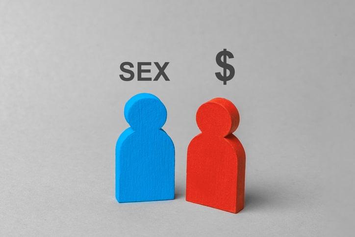 Sex for money, prostitution, intimate services. Man wants sex and woman with dollar sign. Concept